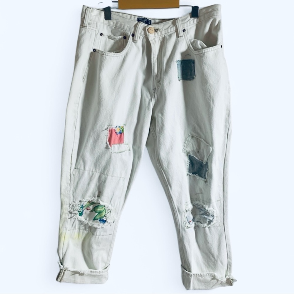 Free People Cream Boyfriend Jeans with Colorful Patch Details